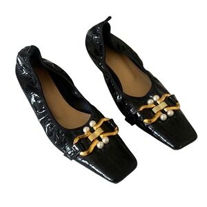 Aier Fashion London Women's Black Croc Patent Pearl Buckle Square Flats 245/7.5